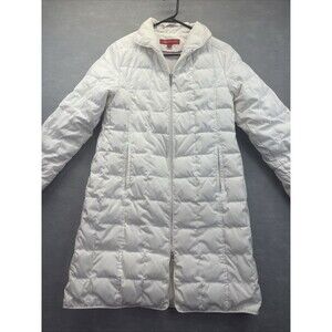 ANNE KLEIN Womens S White Long Down Filled Puffer Jacket Coat Full Zip Pockets